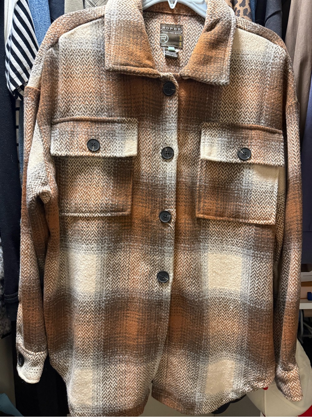 Roper Brown & Cream Plaid Teddy Shacket